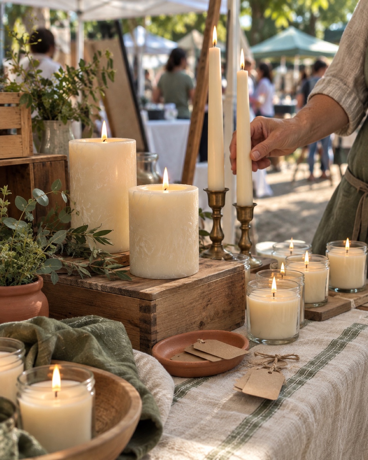 A small craft market table with jar candles and tea lights on display
