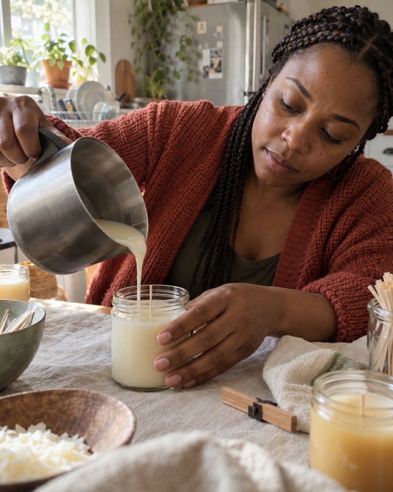 A woman pouring melted wax into a jar at a sunny kitchen table with a cup of tea