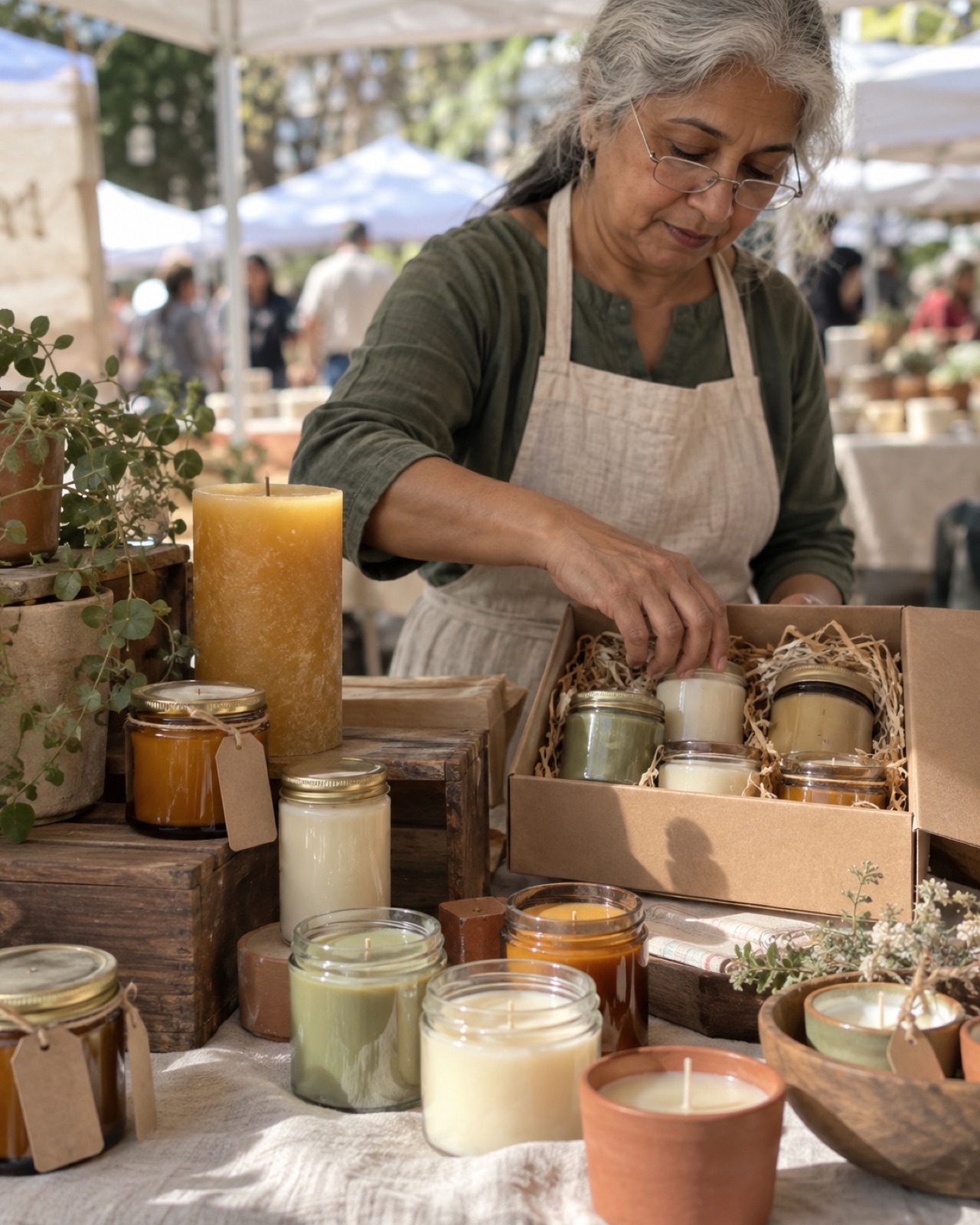 Woman arranging small candles and a gift sampler on a market table